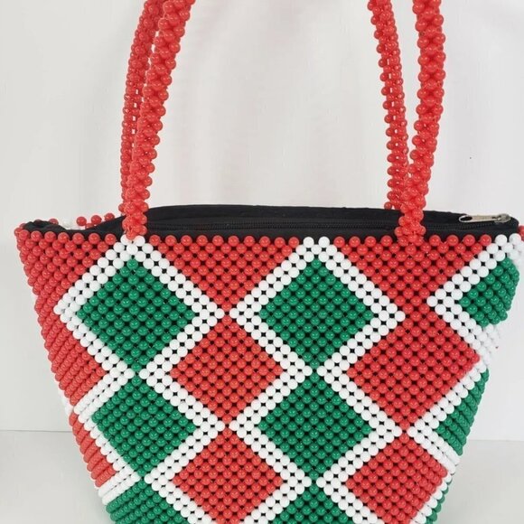 Handmade Red Green White Diamond Pattern Plastic Beaded shoulder Bag - Picture 1 of 8
